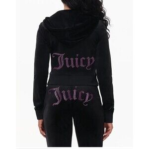 JUICY COUTURE Large Liquorice Black Velour 2 Pc Tracksuit w Pink Rhinestones Y2K